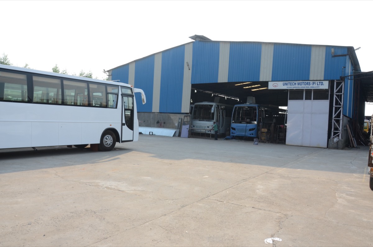 Finished bus outside the Unitech Motors assembly shed